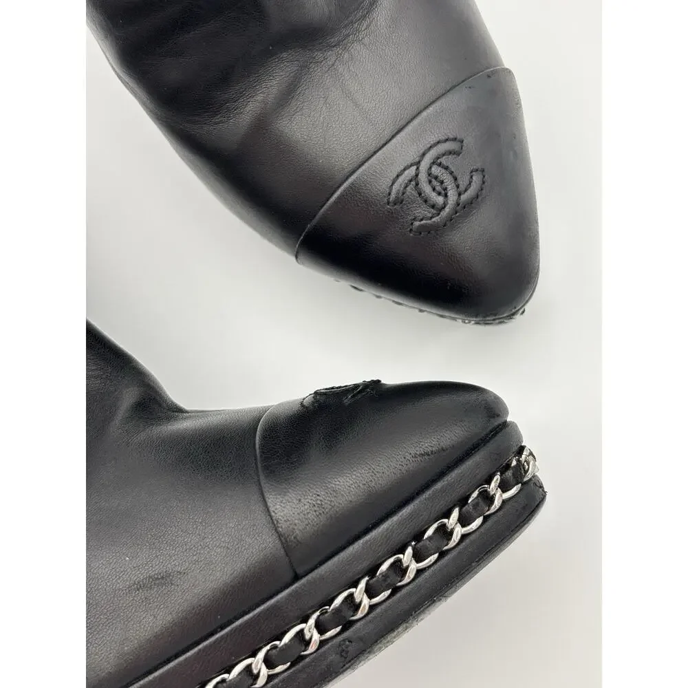 Chanel Interlocking CC Logo Platform Ankle Boots Black Leather Size 38 / 8 Chain